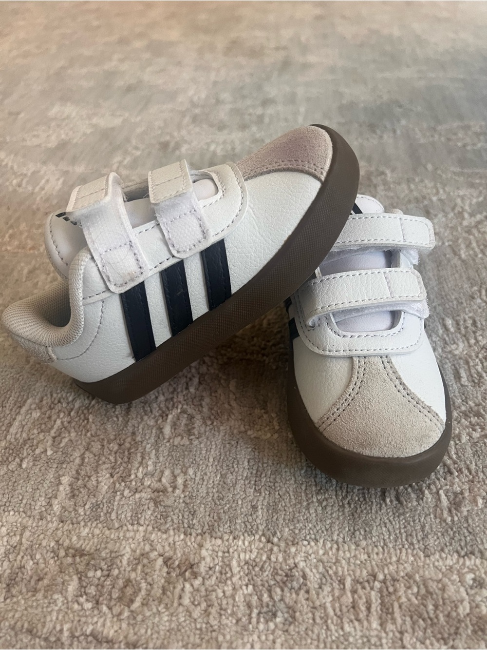 adidas Kids White Sneakers with Black Stripes and Brown Sole